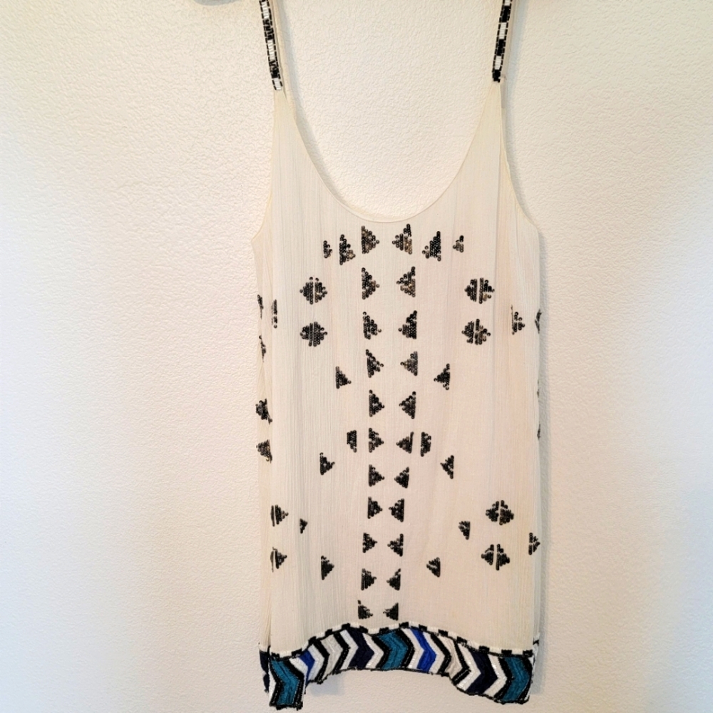 Love Sam Beaded Evening Dress. White with black and shades of blue beads. SZ M